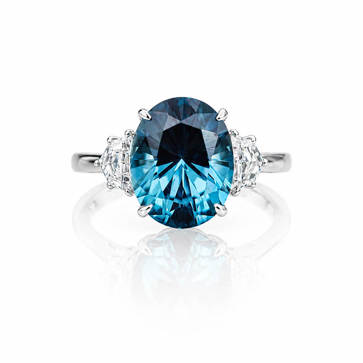 1 Lab Created Oval Lab-Created Laguna‑Color Sapphire Ring with Cadillac cut Lab Grown Diamond Side Stones - 图片 1