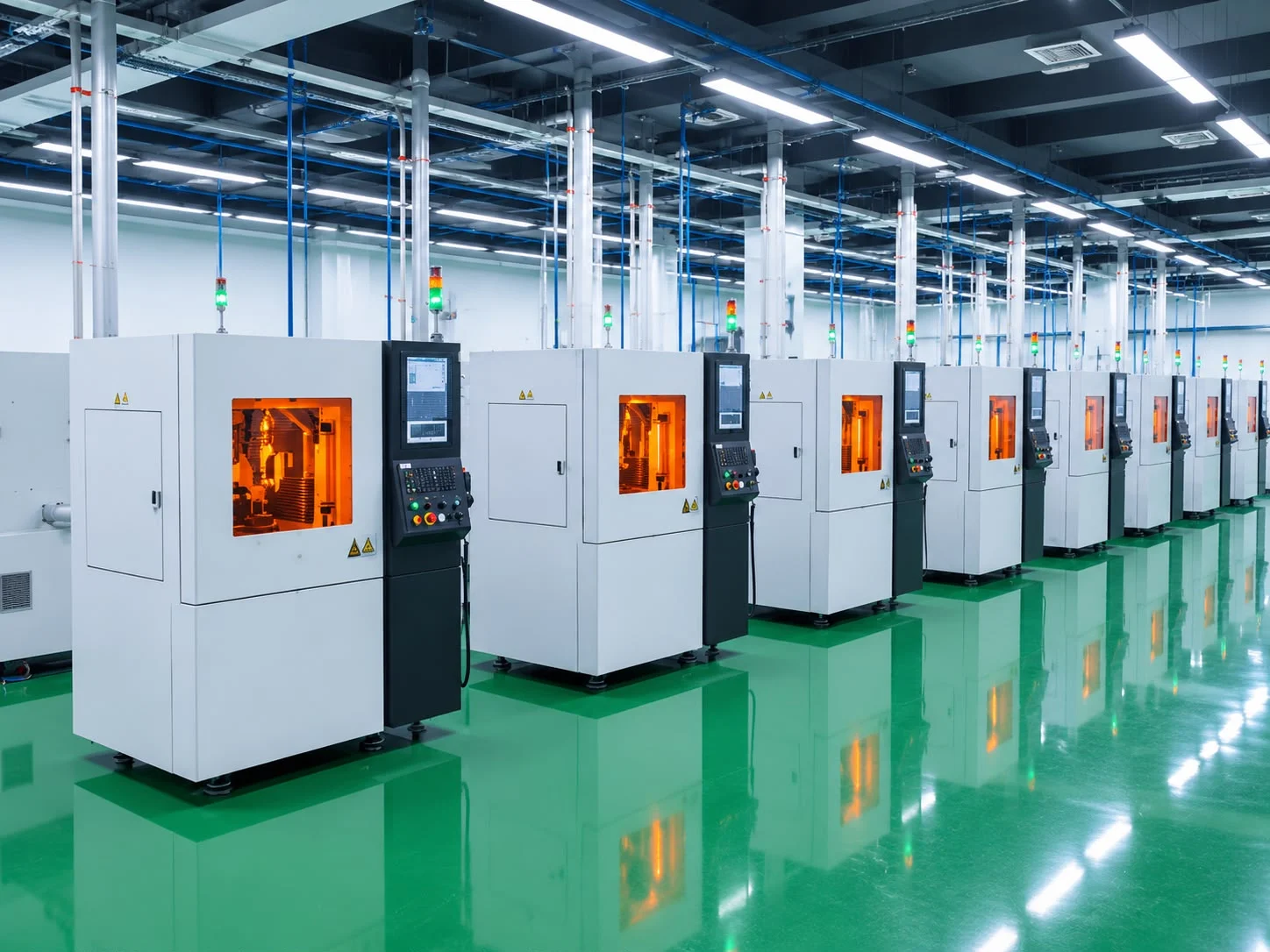 Rows of production machines in a manufacturing facility