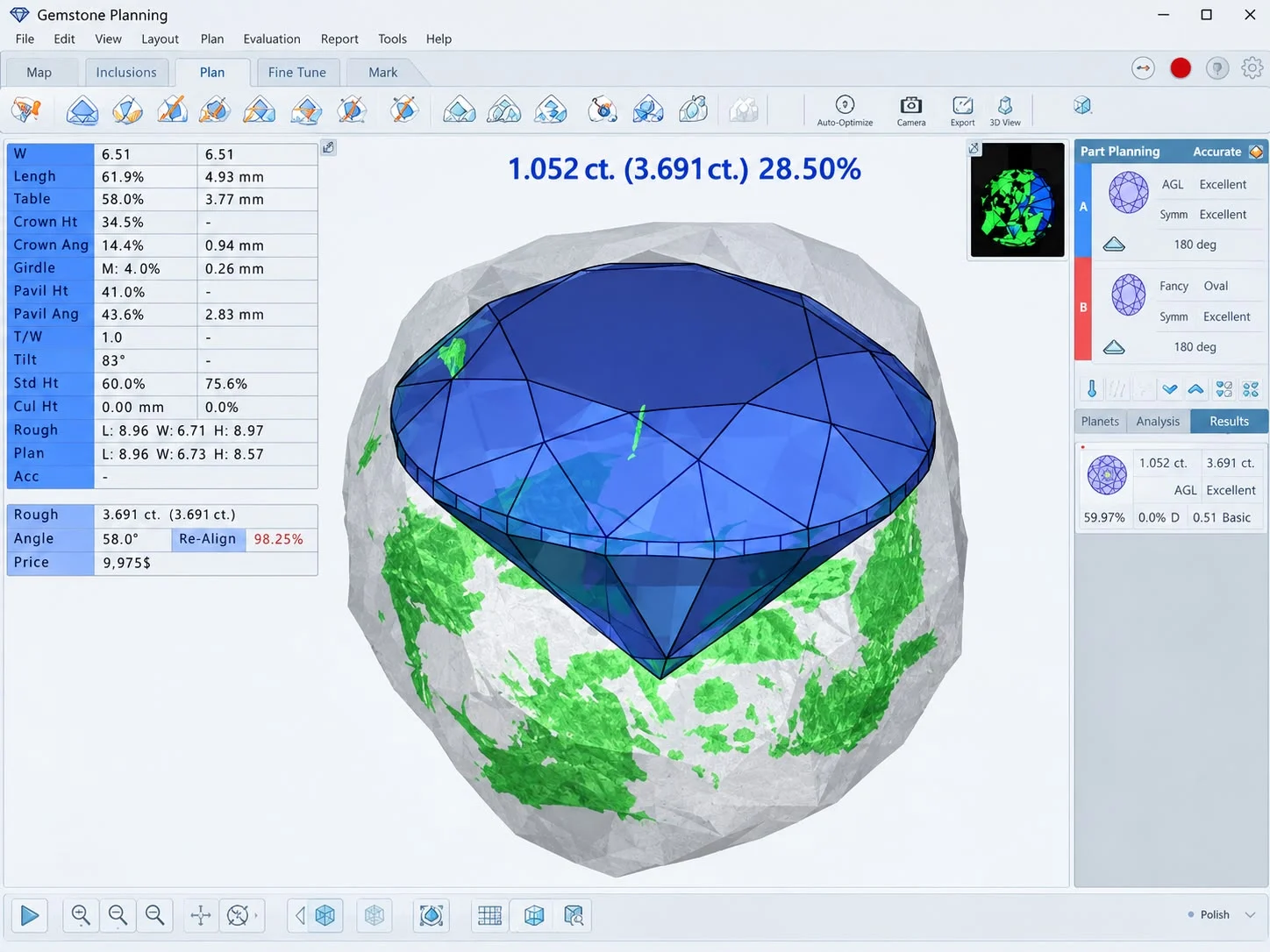 Gemstone planning software displaying a digital cutting model