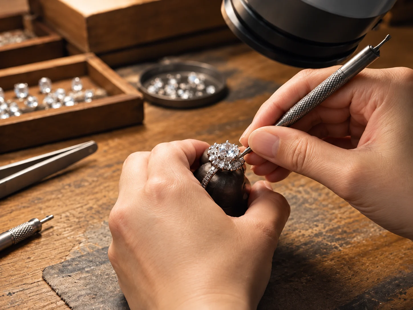 Close-up of a jeweler carefully working on a ring at a workbench